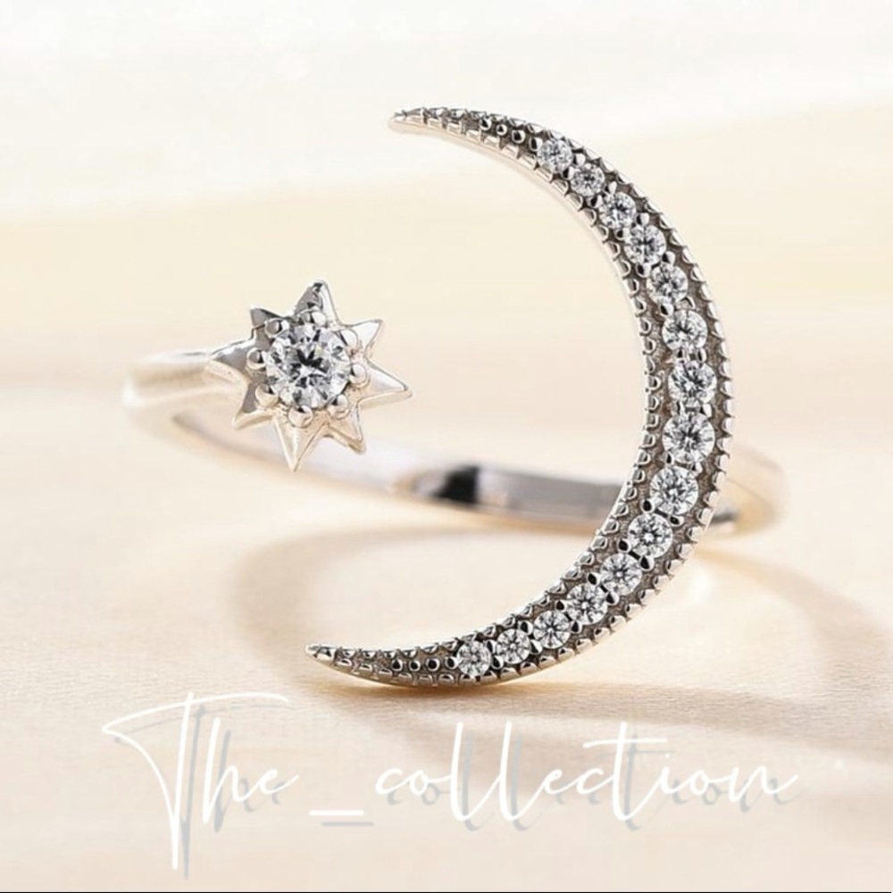 CRESCENT MOON STAR ADJUSTABLE OPEN RING IN SILVER